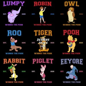 9 Cartoon Pooh College Style Designs Bundle PNG