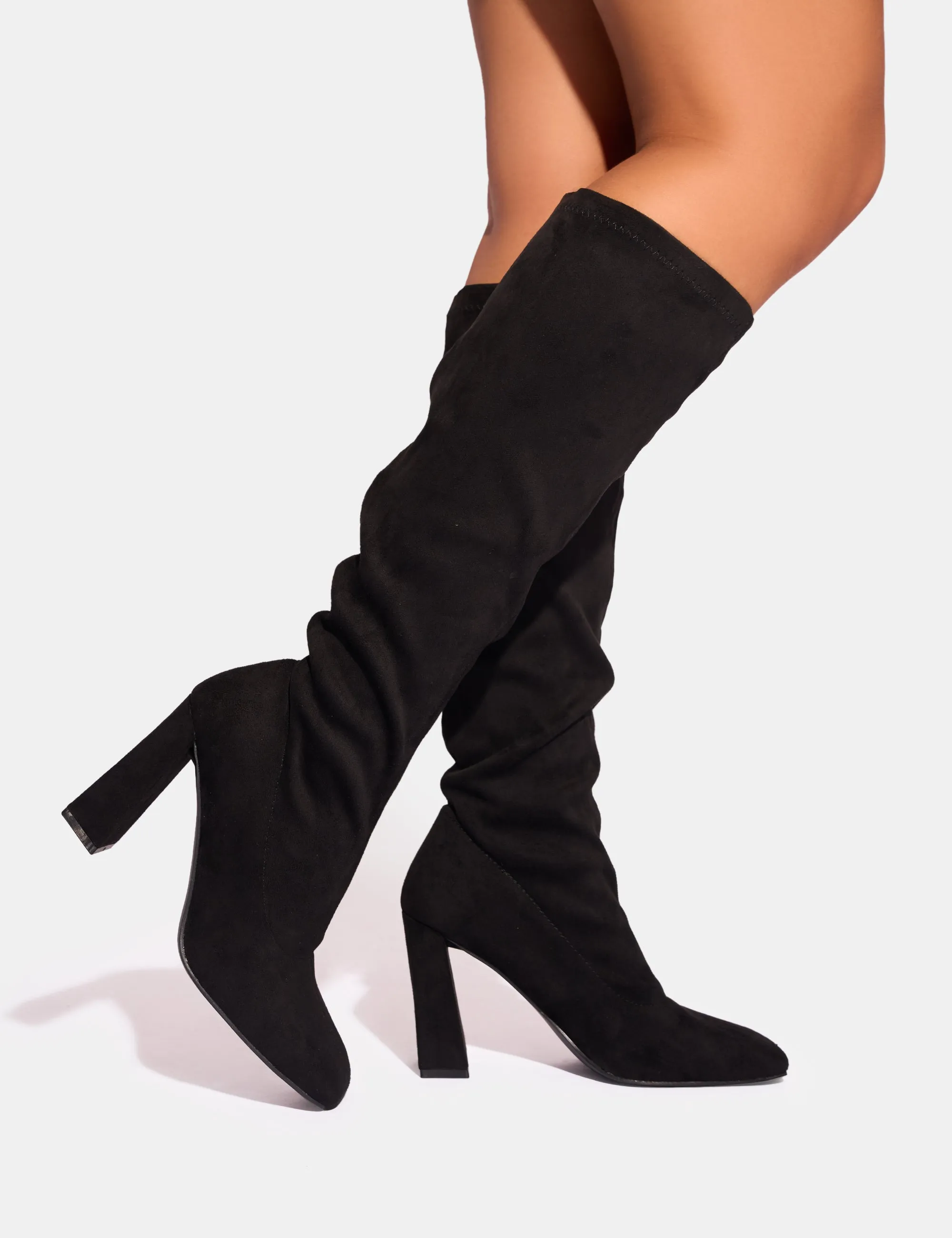 Audrina Black Suede Block Heel Knee High Sock Boots