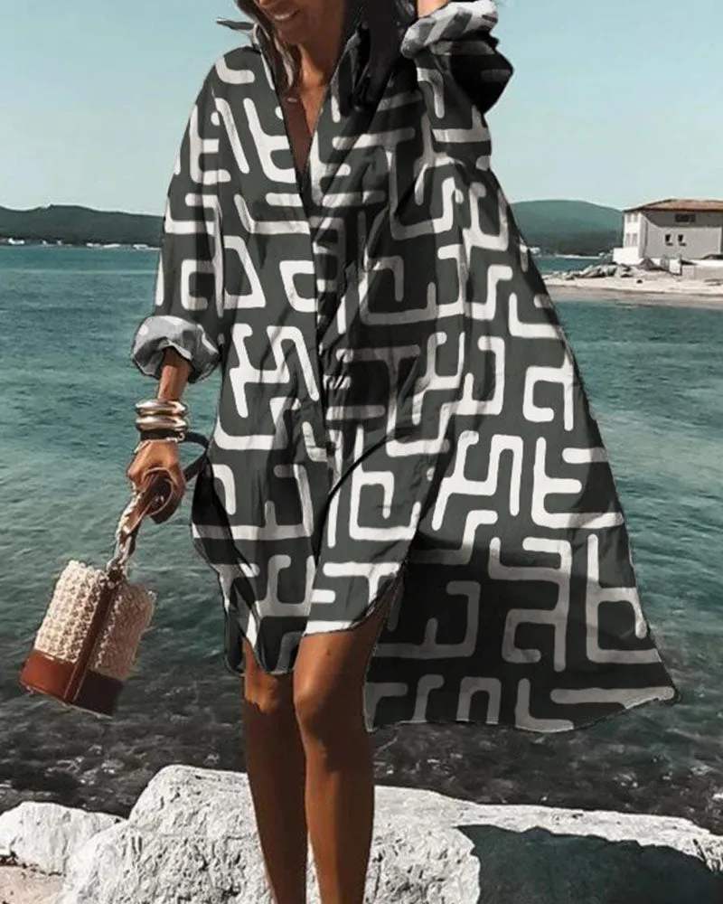 Autumn Fashion Print Shirt Dress