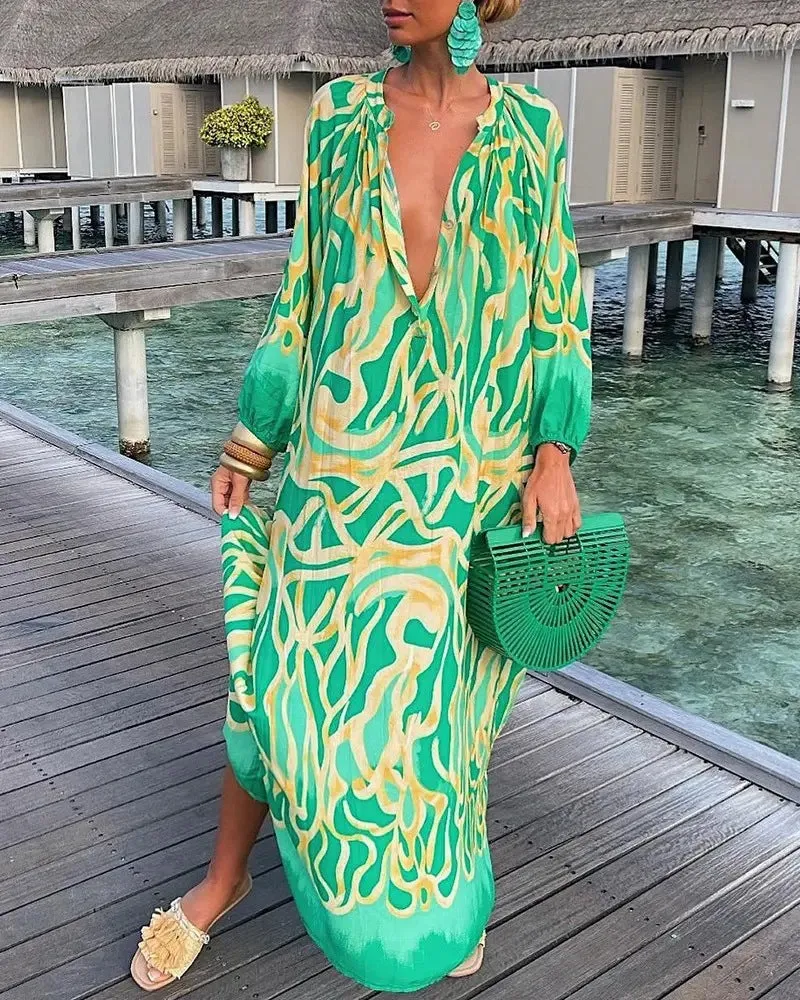 Autumn V-Neck Loose Long Sleeve Print Dress