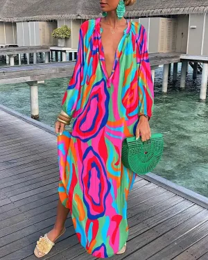 Autumn V-Neck Loose Long Sleeve Print Dress