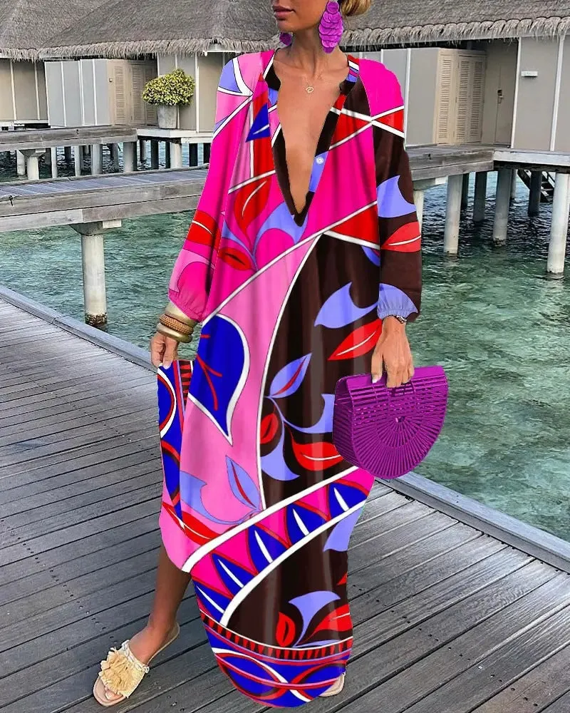 Autumn V-Neck Loose Long Sleeve Print Dress