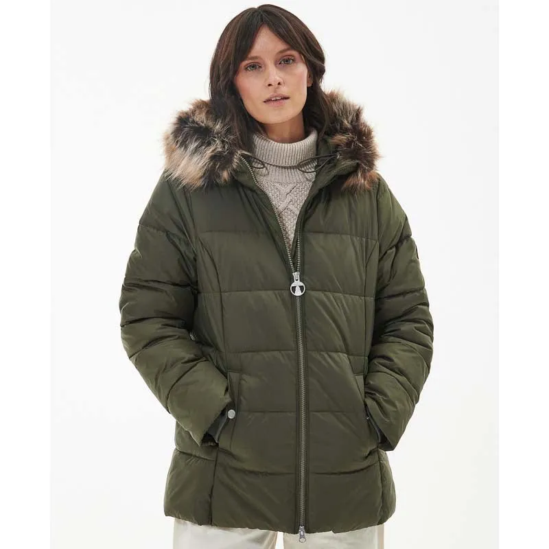 Barbour Midhurst Ladies Quilted Faux Fur Hood Jacket - Deep Olive