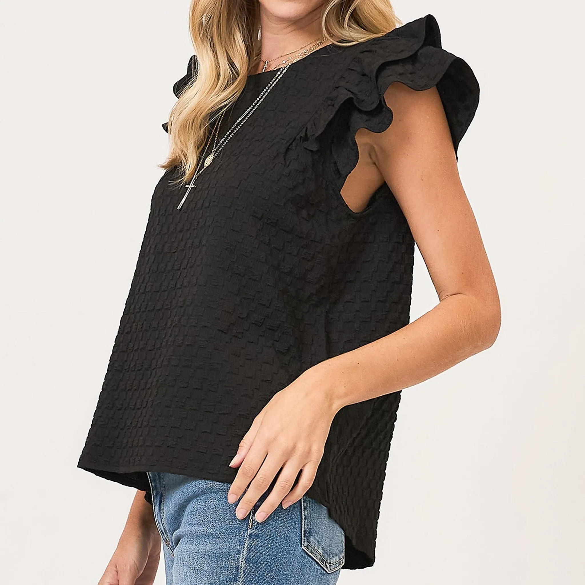 Black Waffle Textured Short Ruffled Sleeve Shirt