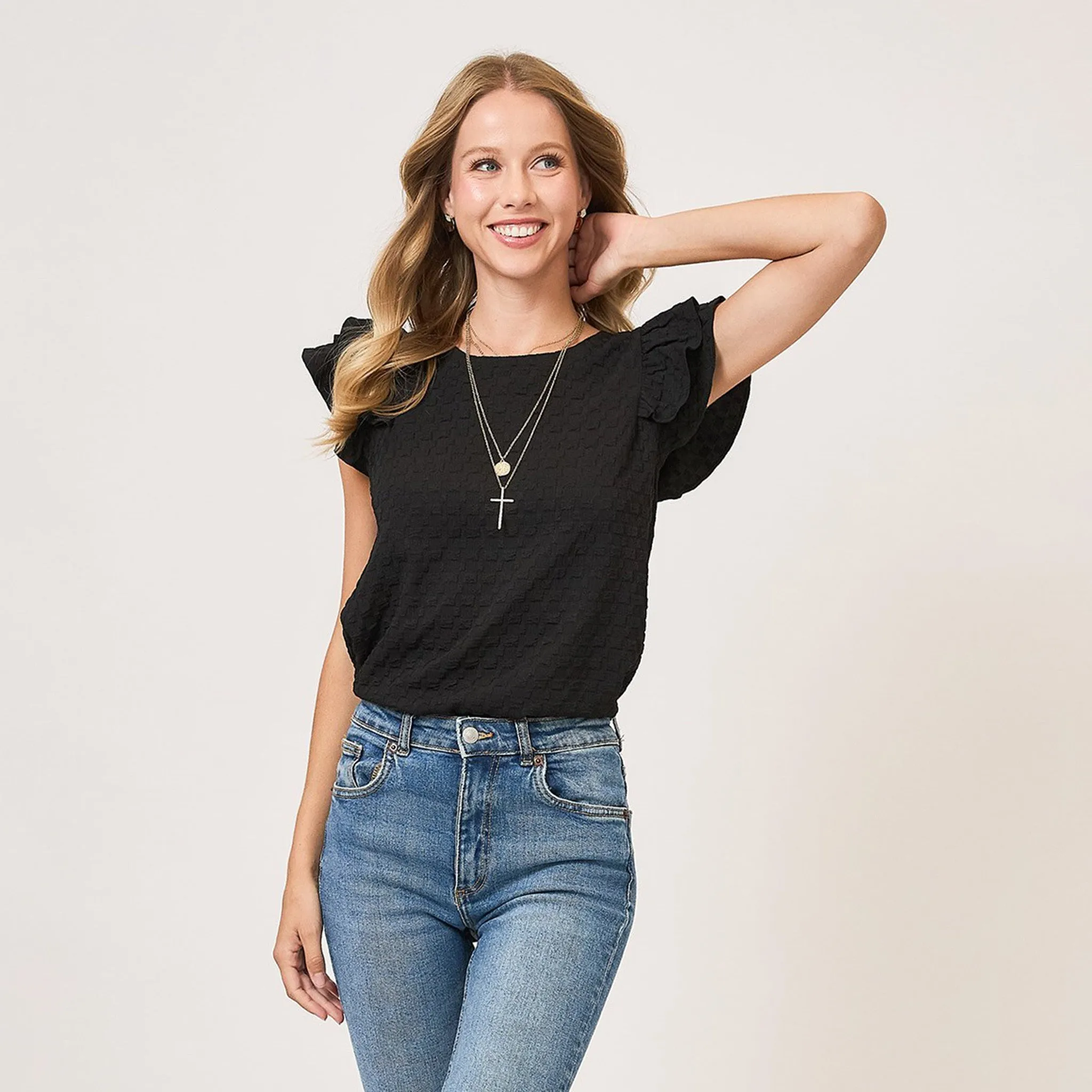 Black Waffle Textured Short Ruffled Sleeve Shirt