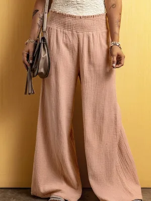 Blush Shirred Waist Crinkled Wide Leg Trousers