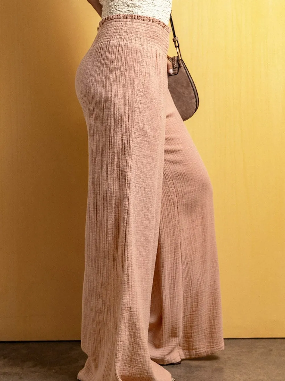 Blush Shirred Waist Crinkled Wide Leg Trousers