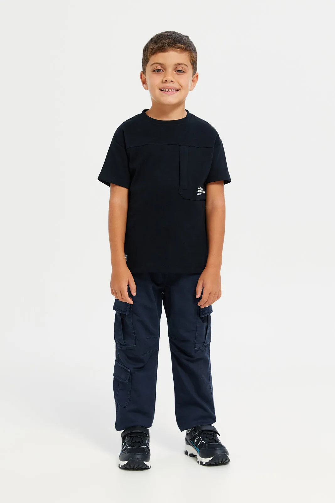 Boys Black Printed Soft Feel Drop Shoulder T-Shirt