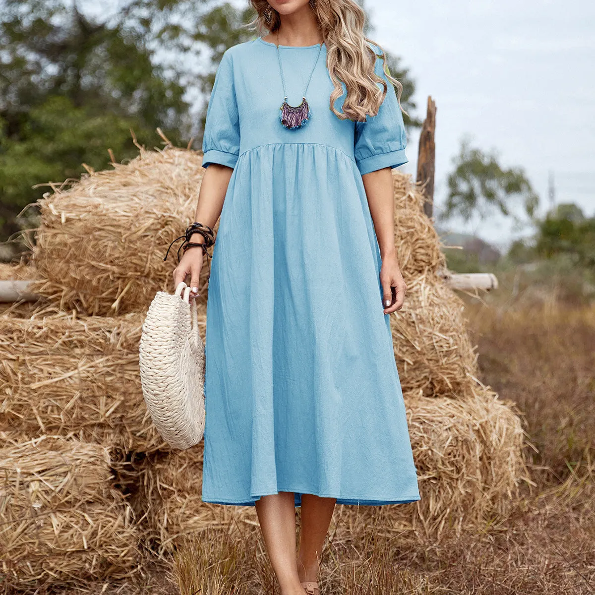 Casual Solid Color Loose Waist Midi Dress