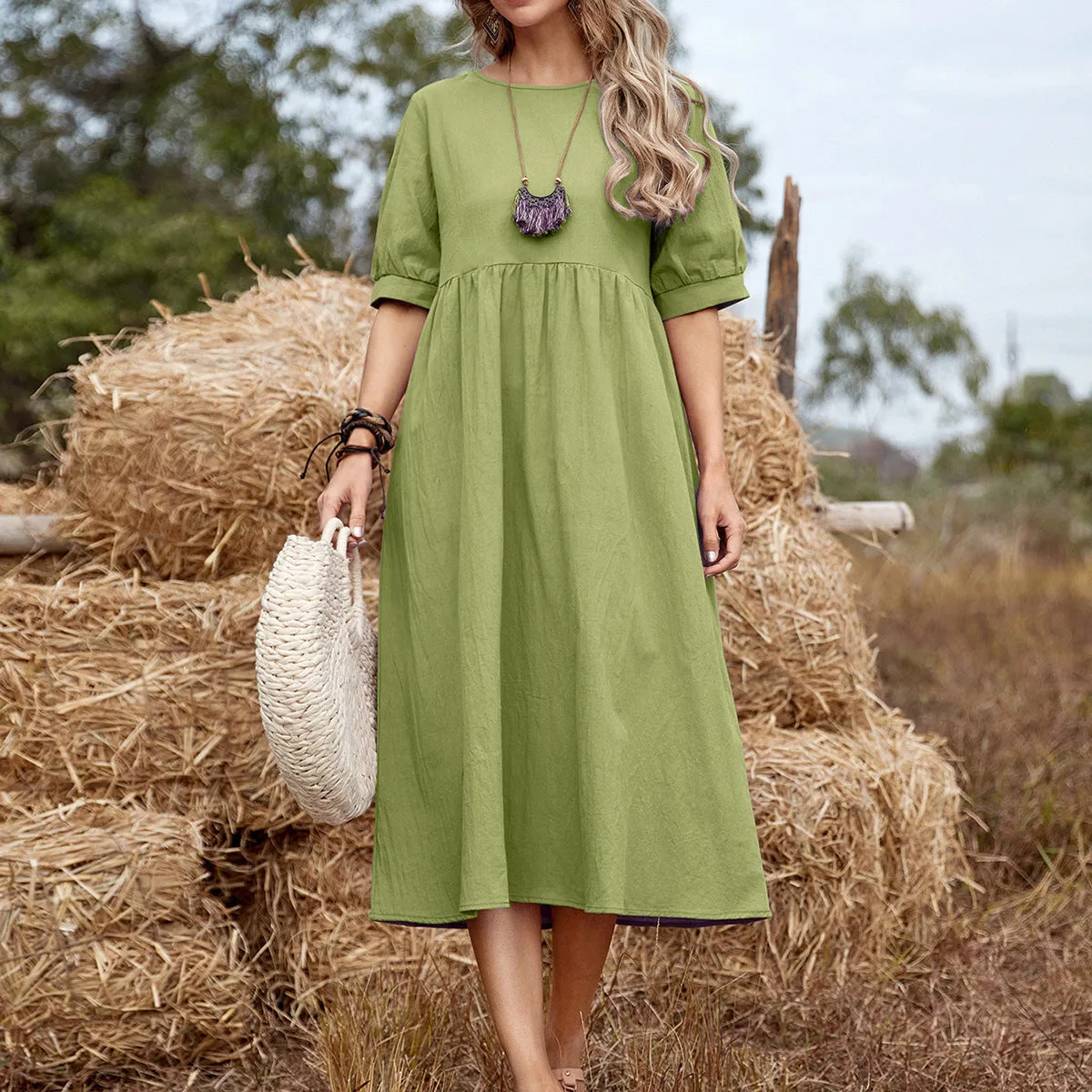 Casual Solid Color Loose Waist Midi Dress