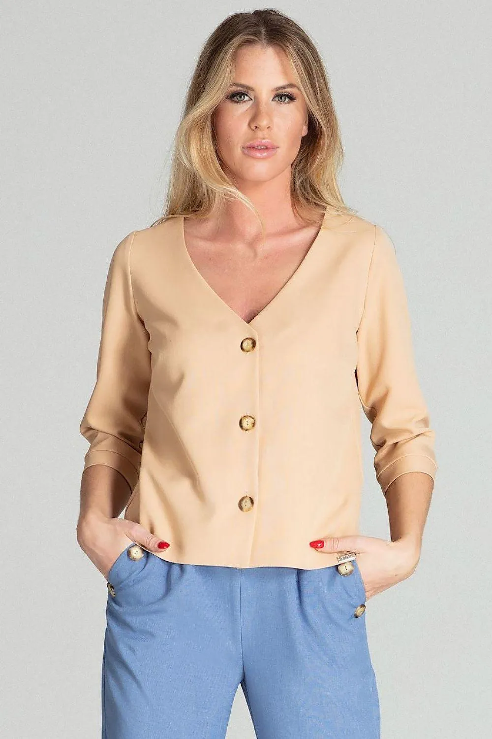 Chic Cuffed Blouse with Playful Cheese Neckline