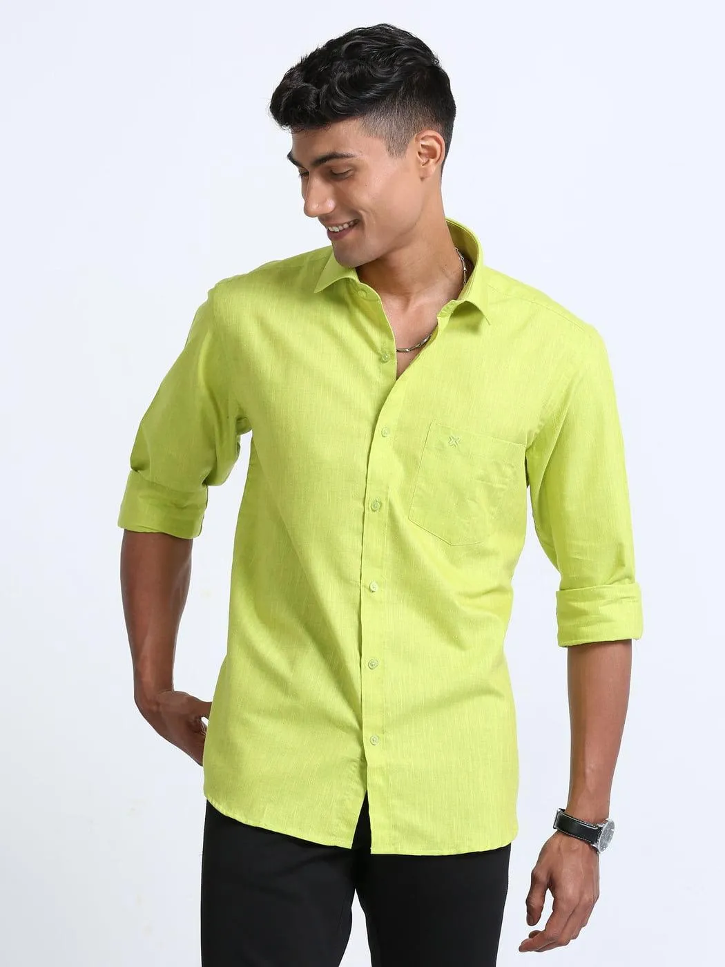 Cotton Linen Lime Green Colour Shirt Full Sleeve