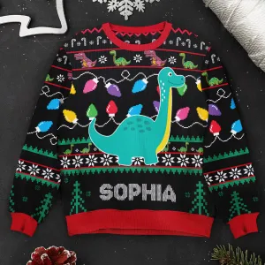 Cute Dinosaur With Name - Personalized Ugly Sweater