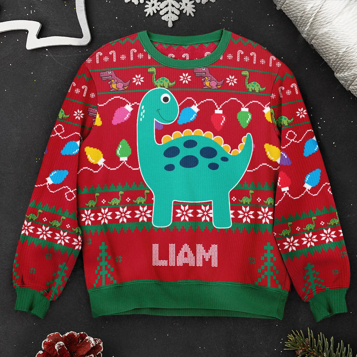 Cute Dinosaur With Name - Personalized Ugly Sweater