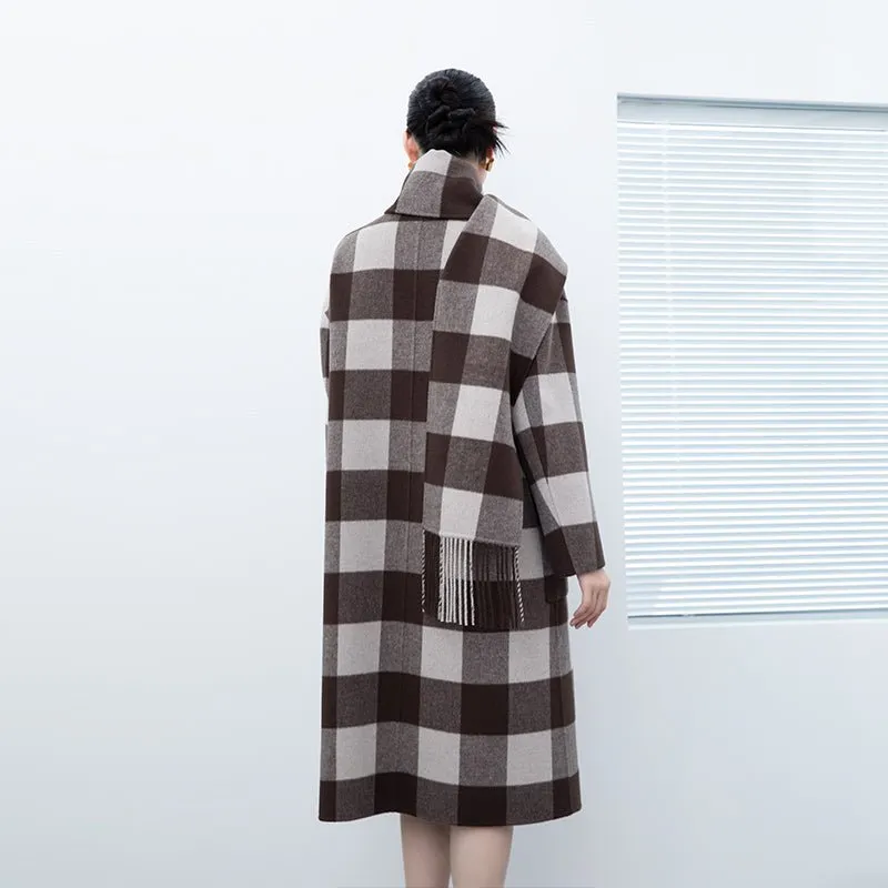 Dark Brown Grid Pattern Long Wool Coats with Scarf