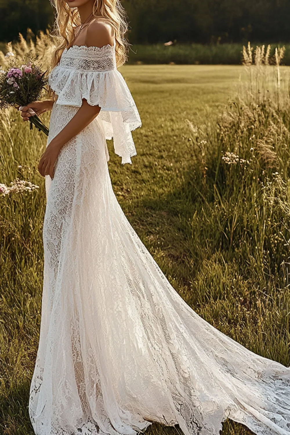 Delicate Off the Shoulder Ivory Boho Wedding Dress