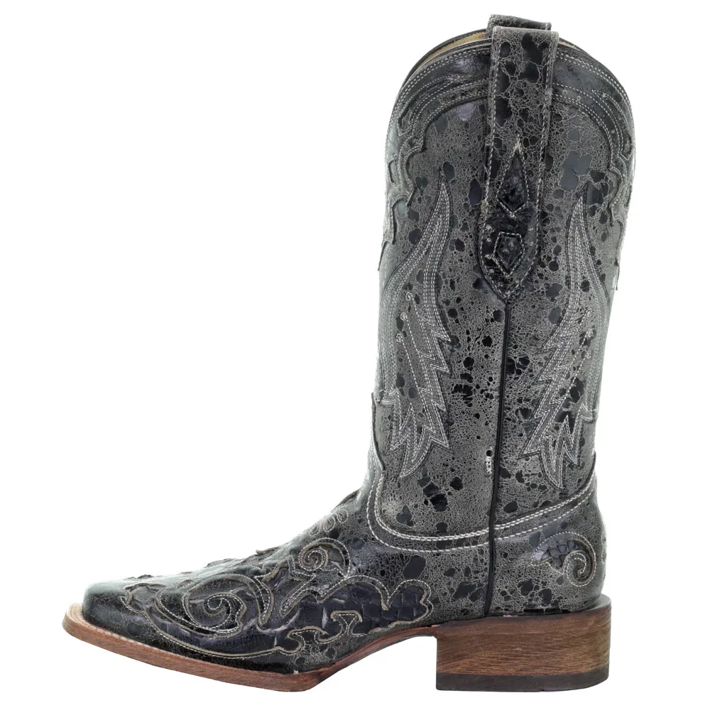 Distressed Embroidery Square Toe Cowboy Boots