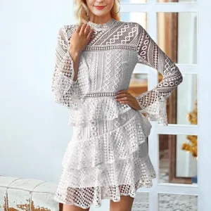 Elegant White Vintage Flare Sleeve Lace Dress