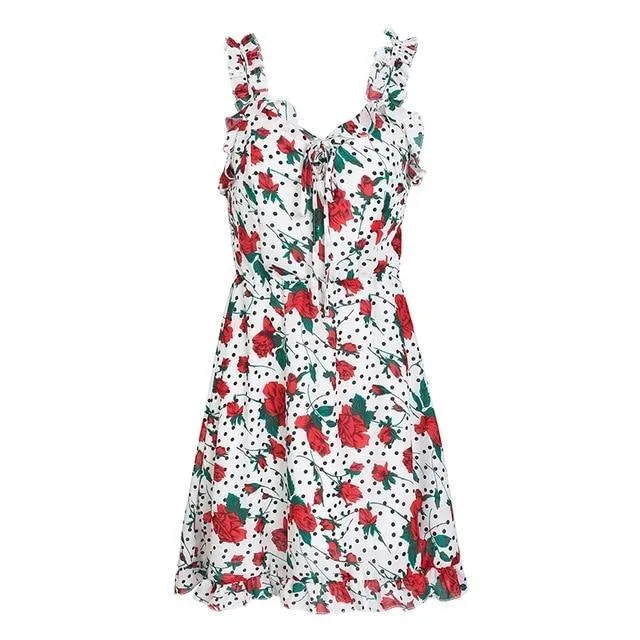 Fashion Ruffle Neck Strap Floral Print Backless Dress