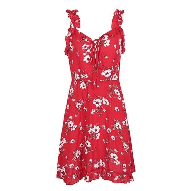 Fashion Ruffle Neck Strap Floral Print Backless Dress