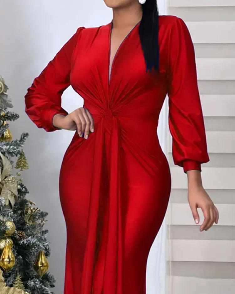 Fashion Solid Color V-neck Slit Dress