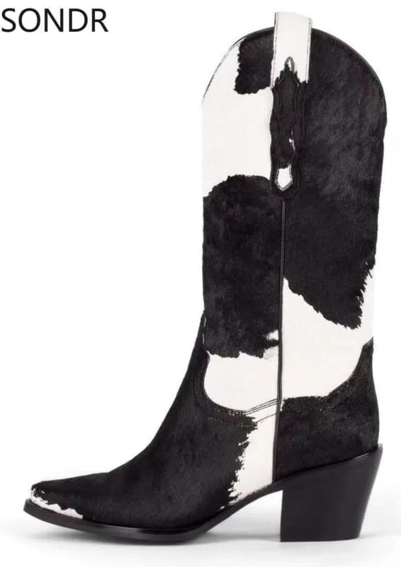 Genuine Leather Pointed Toe Mid Calf Western Boots for Stylish Look