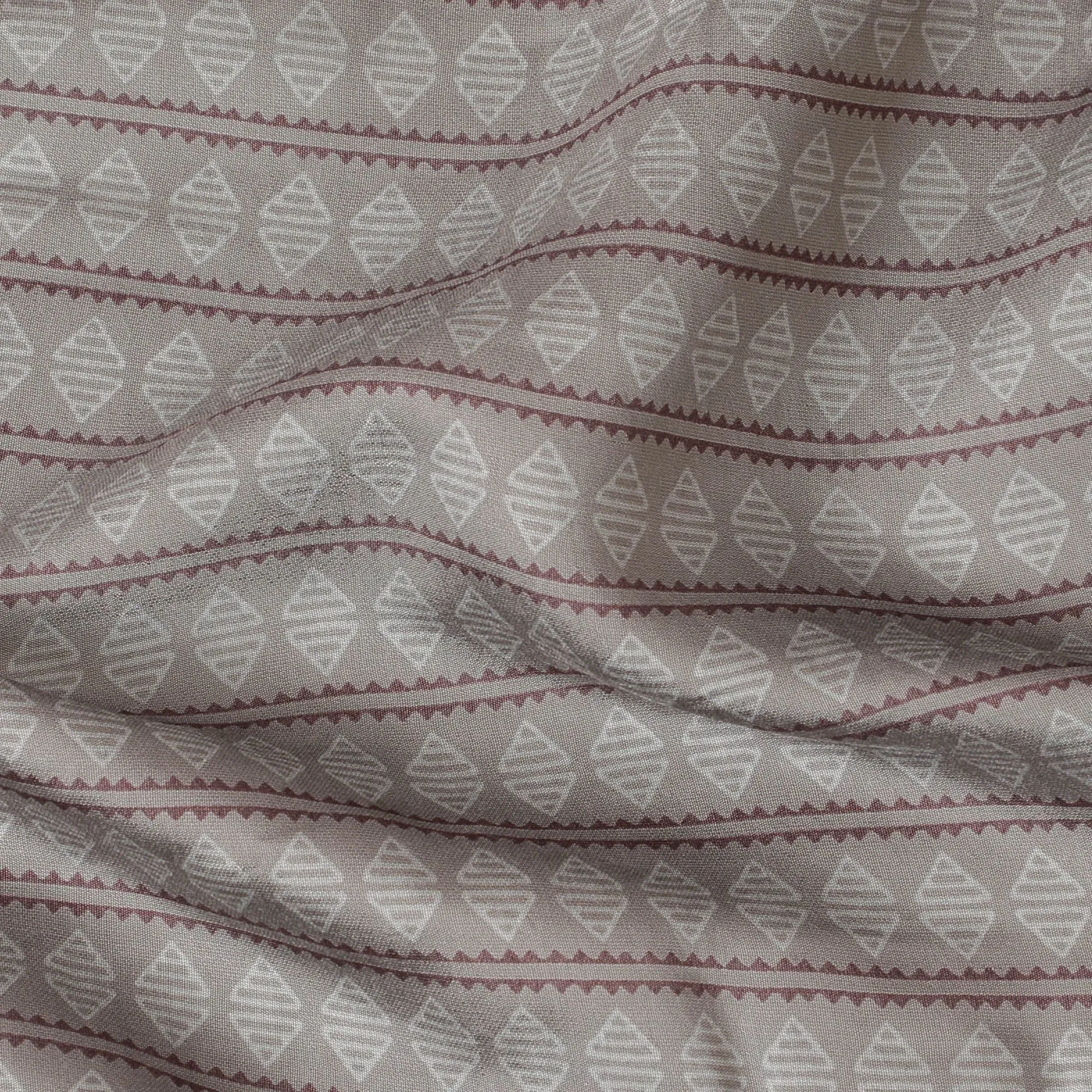 Grey Synthetic blended cotton fabric with beige and brown print in geometric design-D16736