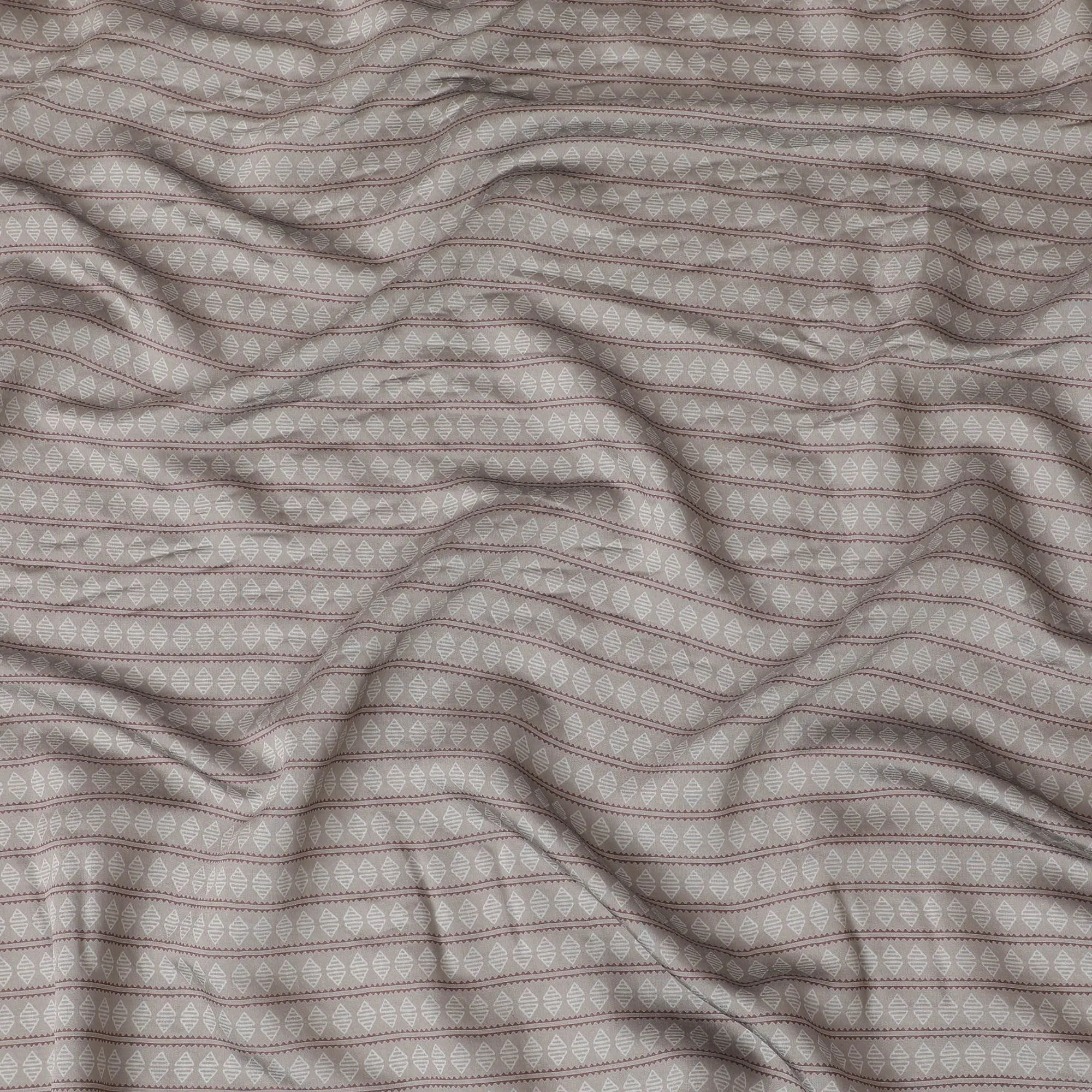 Grey Synthetic blended cotton fabric with beige and brown print in geometric design-D16736