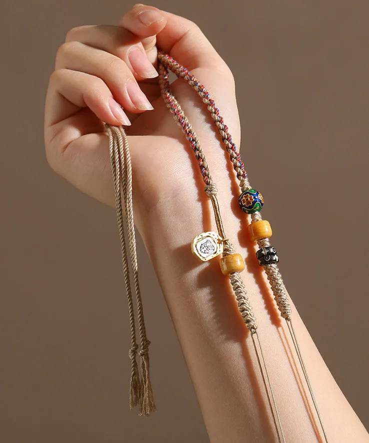 Handmade Khaki Cloisonne Barrel Bead Tassel Lariat Necklace GH1036