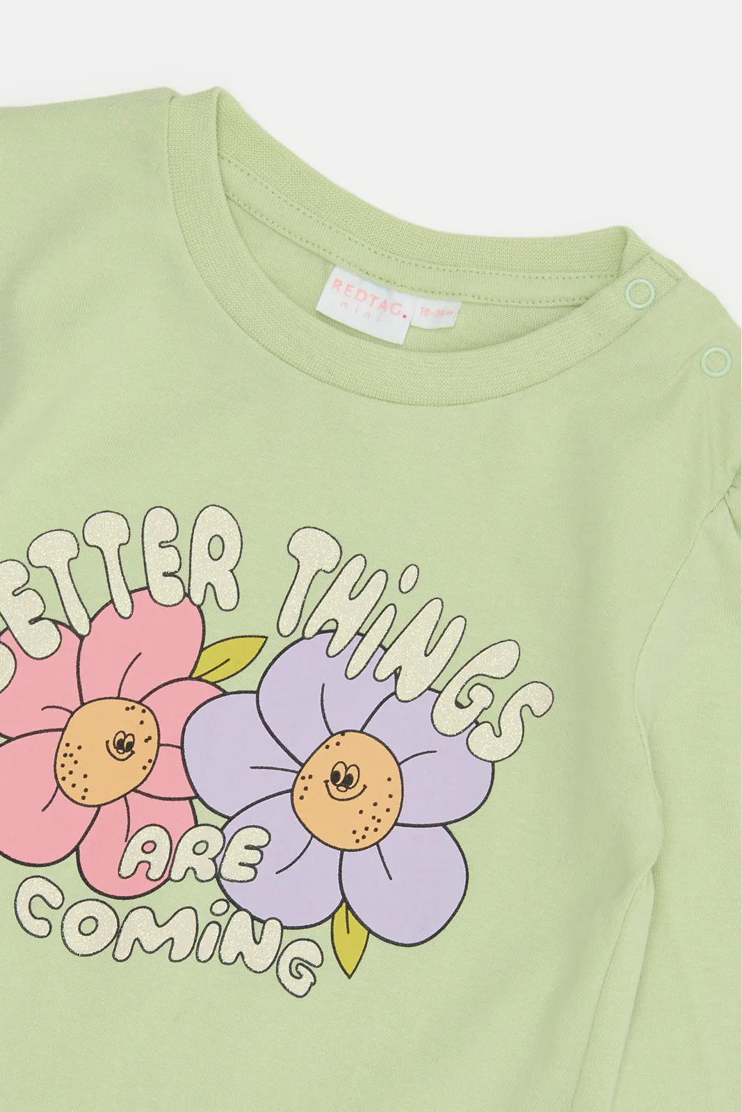 Infant Girls Green Flower Printed T-Shirt