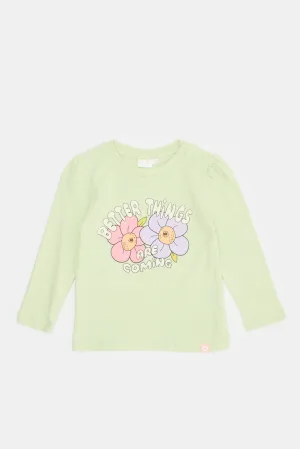 Infant Girls Green Flower Printed T-Shirt