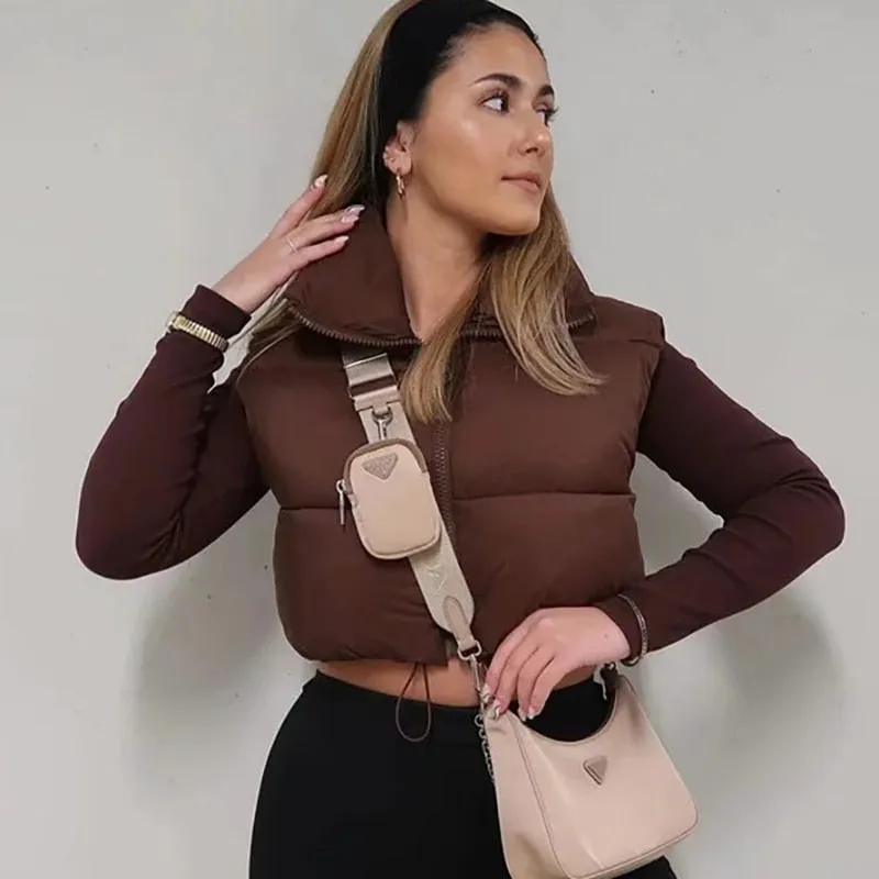 Joskaa Merodi Women Casual High Collar Za Coffee Color Short Parkas Outwear Chic Lady Fashion Zippers Sleeveless Jackets Vest