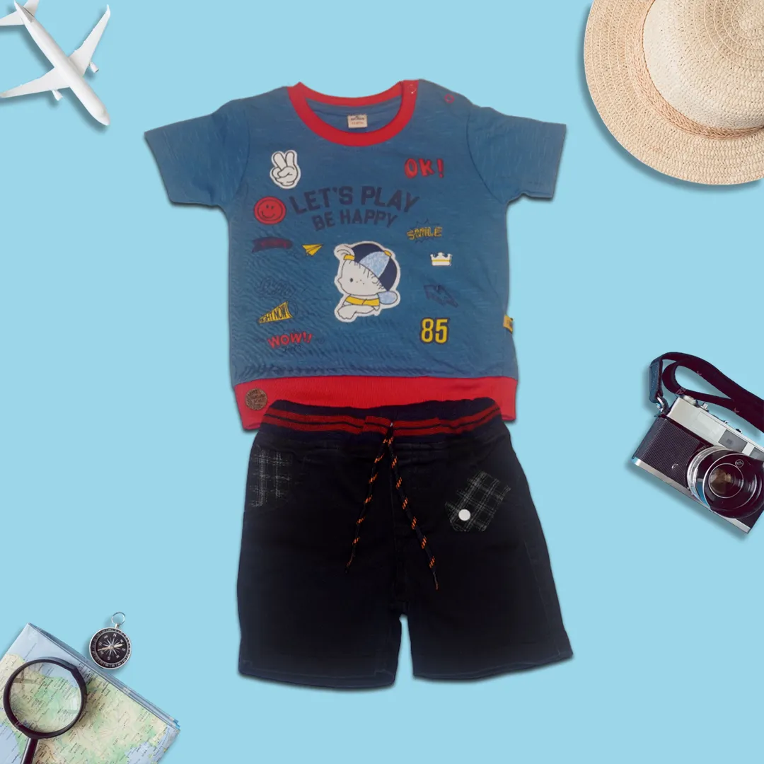 Kids Blue and Black Printed T-Shirts and Shorts Set