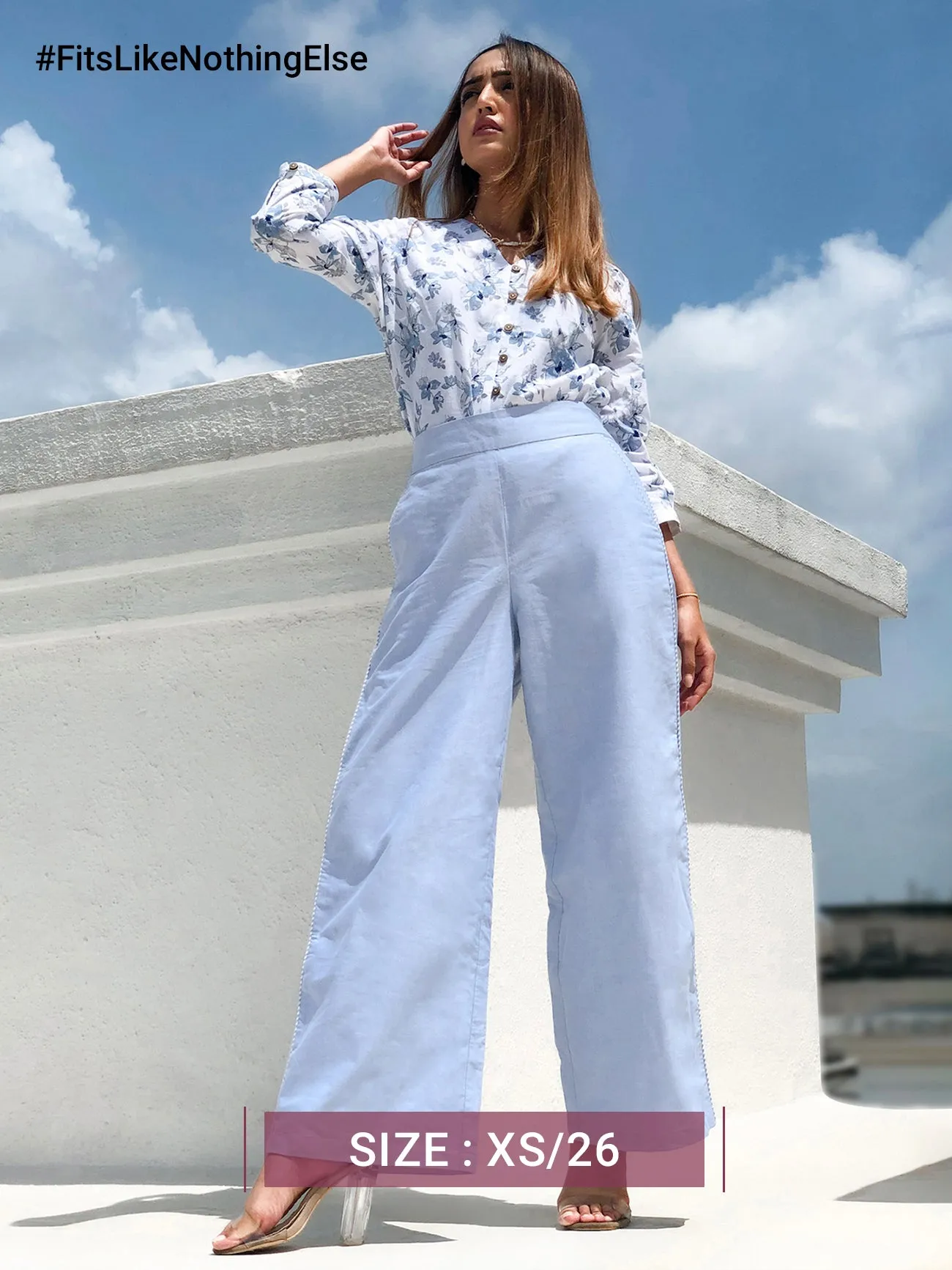 Linen Elasticated Wide Leg Trouser - Light Blue