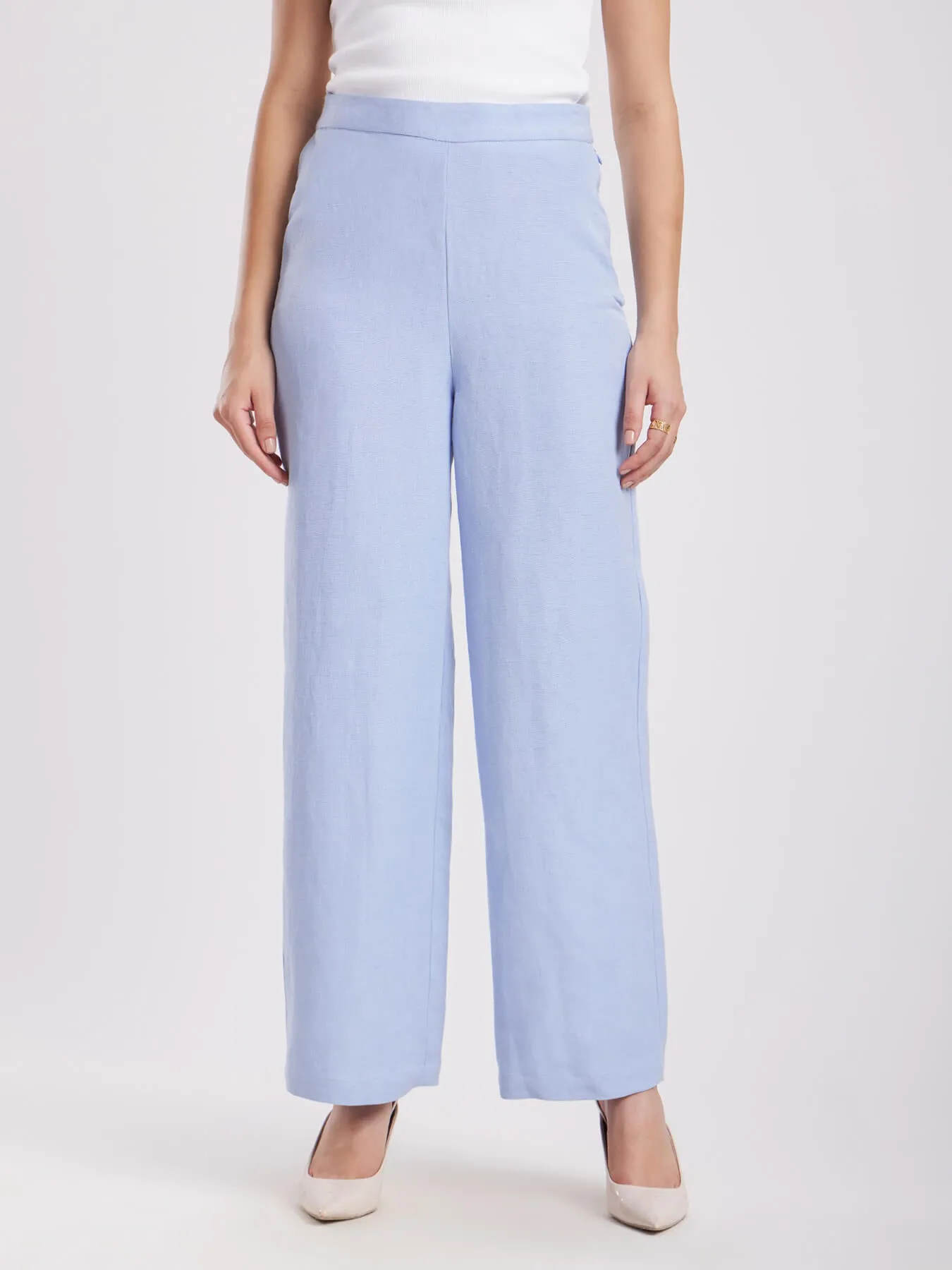 Linen Elasticated Wide Leg Trouser - Light Blue