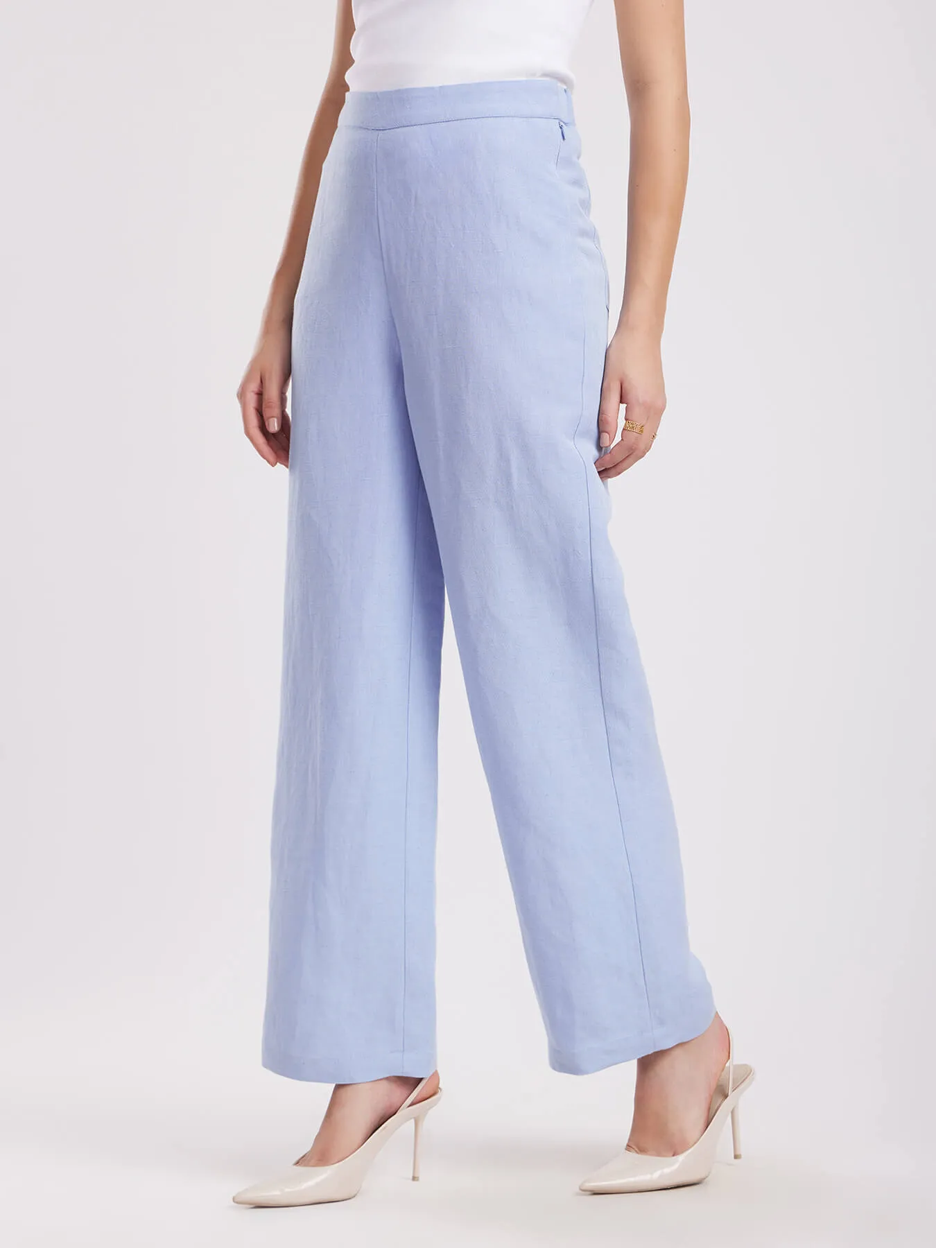 Linen Elasticated Wide Leg Trouser - Light Blue