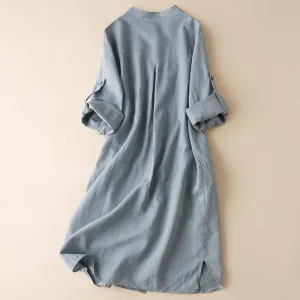 Literary Loose Stand Collar Cotton Linen Shirt Dress