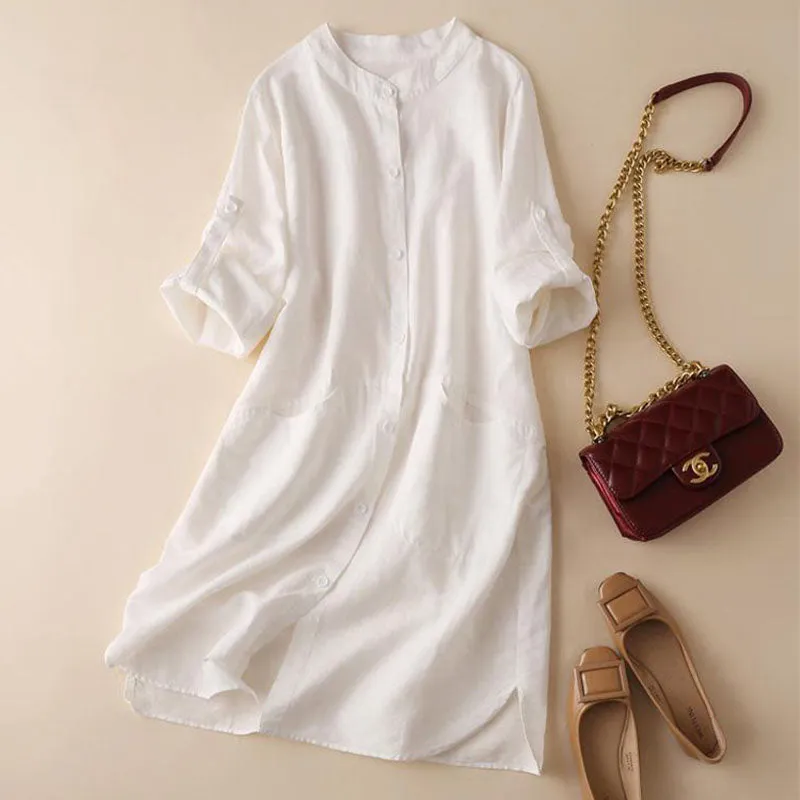 Literary Loose Stand Collar Cotton Linen Shirt Dress