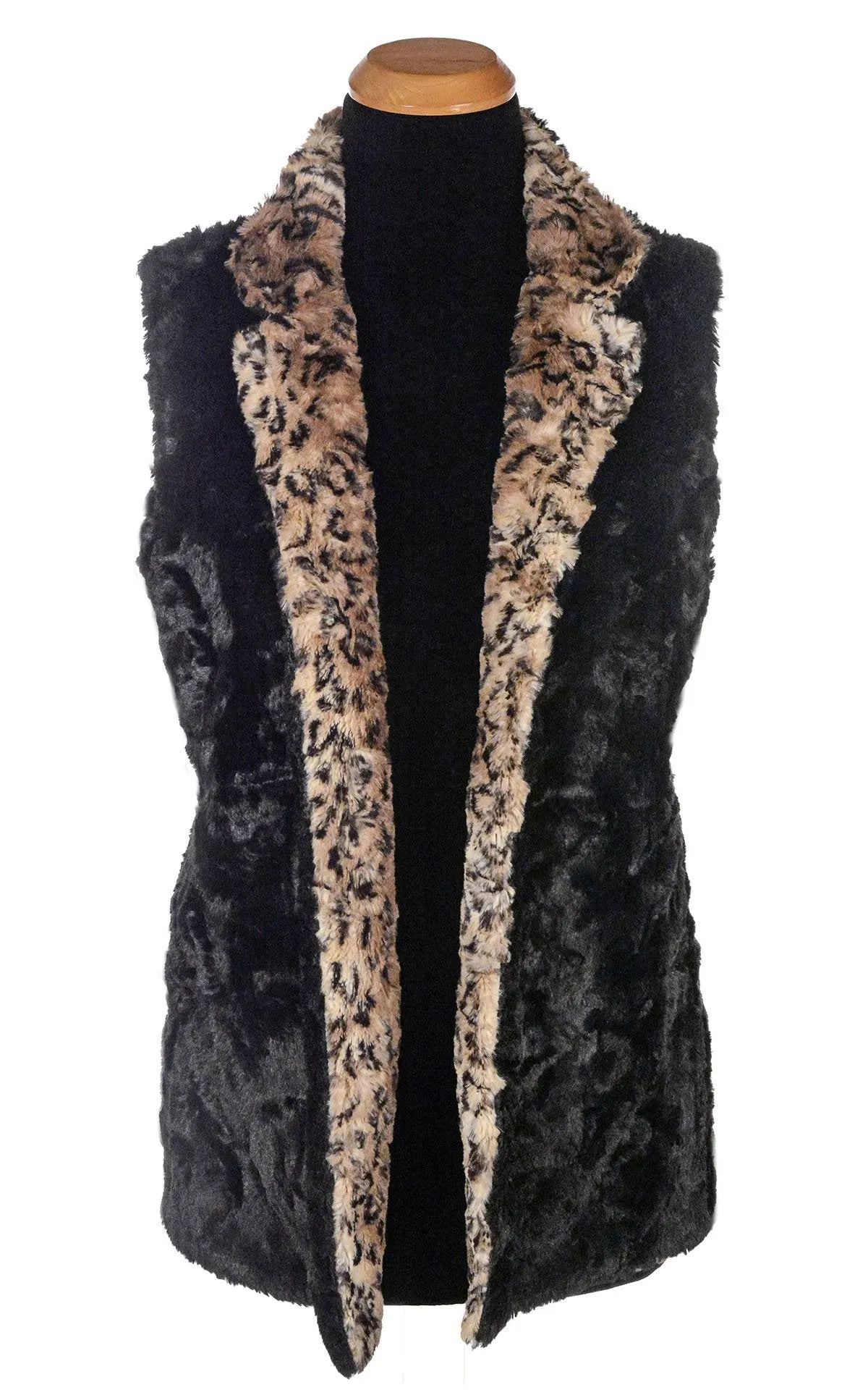 Mandarin Vest Short, Reversible less pockets - Luxury Faux Fur in Carpathian Lynx with Cuddly Fur in Black