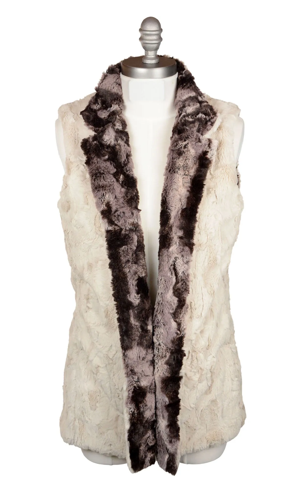 Mandarin Vest Short, Reversible less pockets - Luxury Faux Fur in Mocha with Cuddly Sand