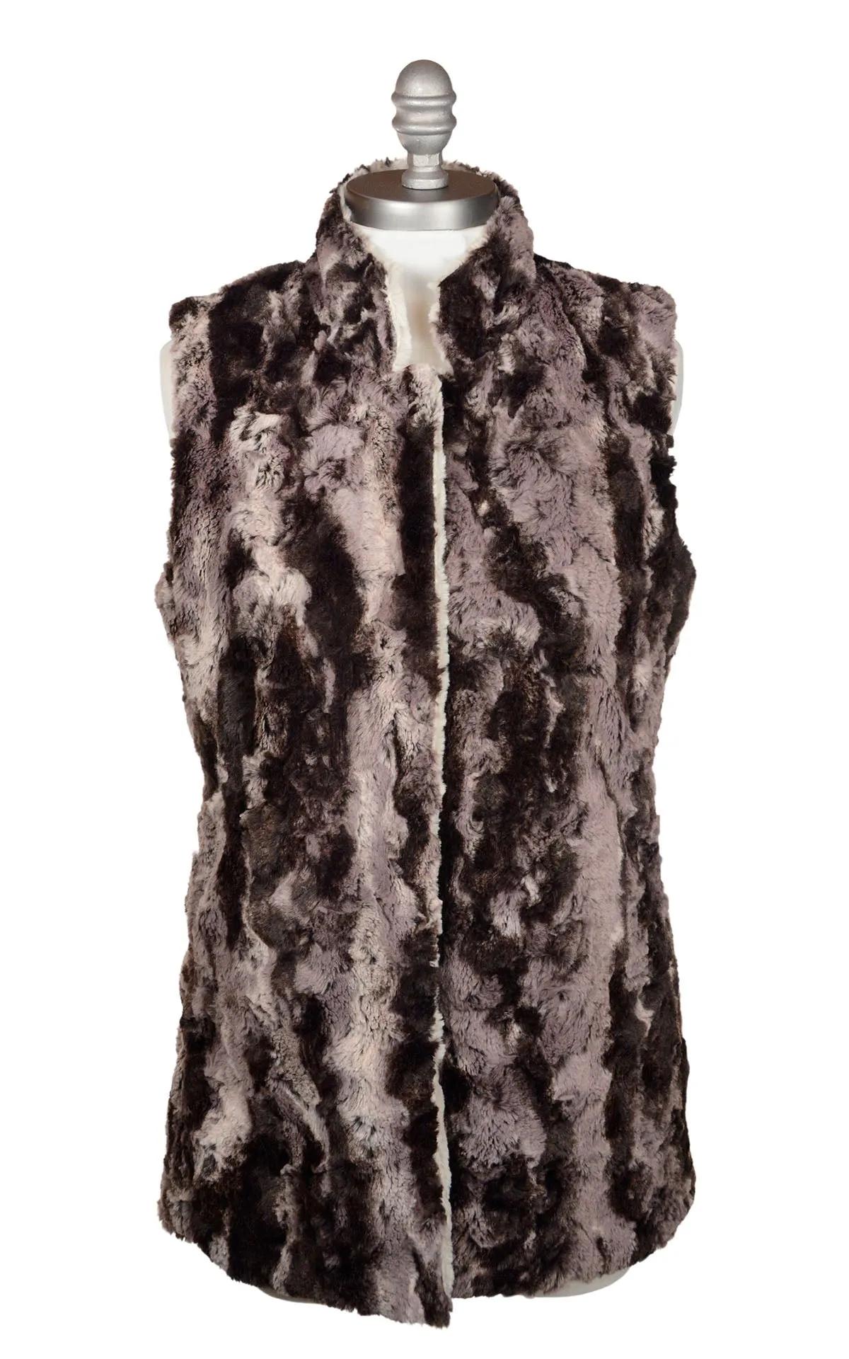 Mandarin Vest Short, Reversible less pockets - Luxury Faux Fur in Mocha with Cuddly Sand