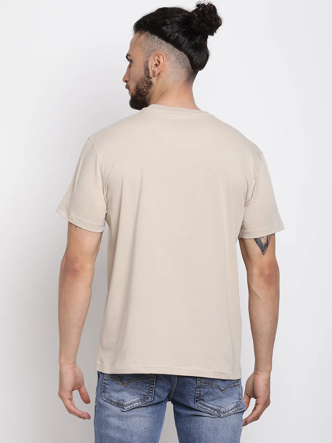 Men's Light  Beige Round neck Half Sleeve T-Shirt with Print