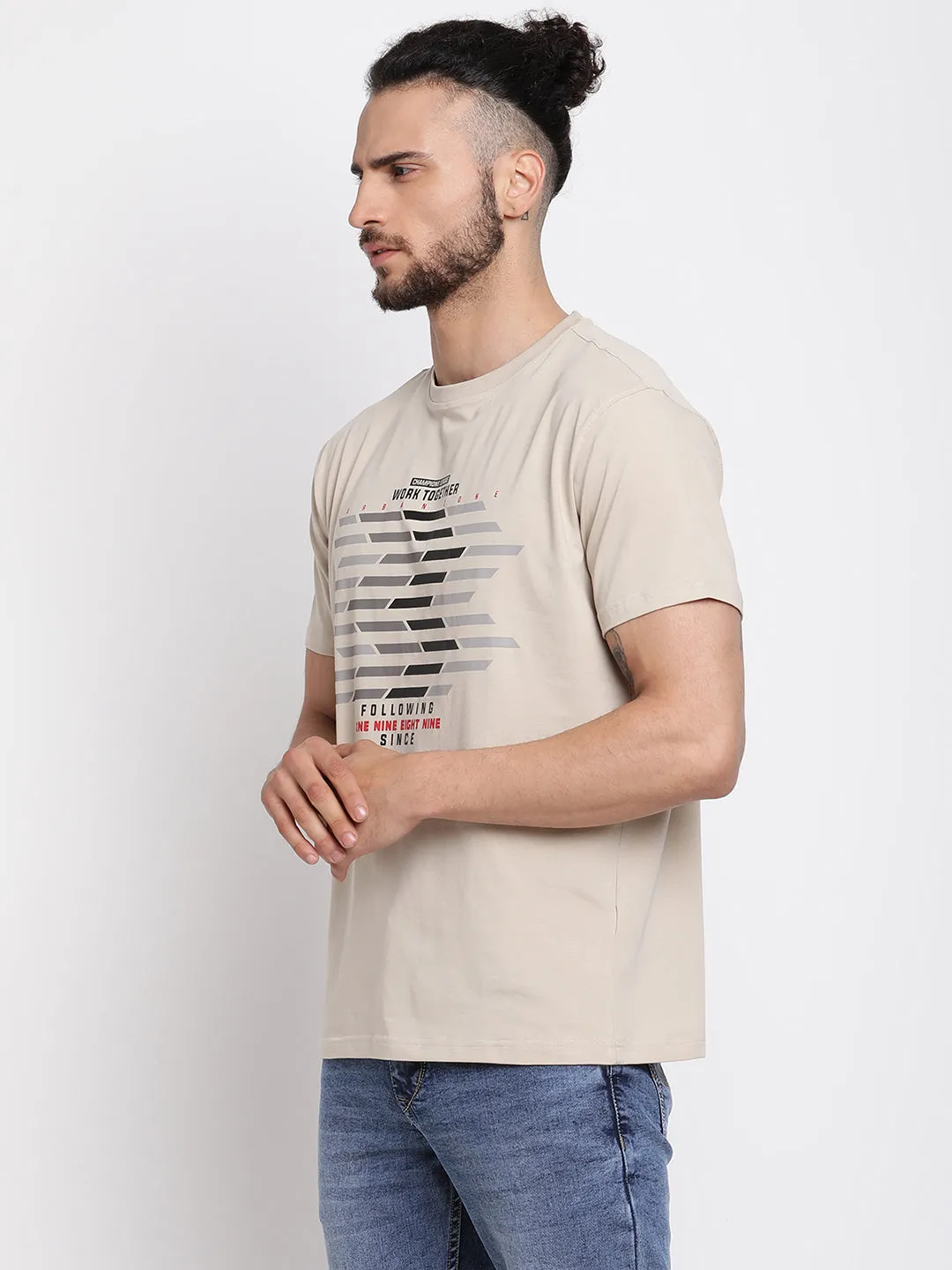 Men's Light  Beige Round neck Half Sleeve T-Shirt with Print