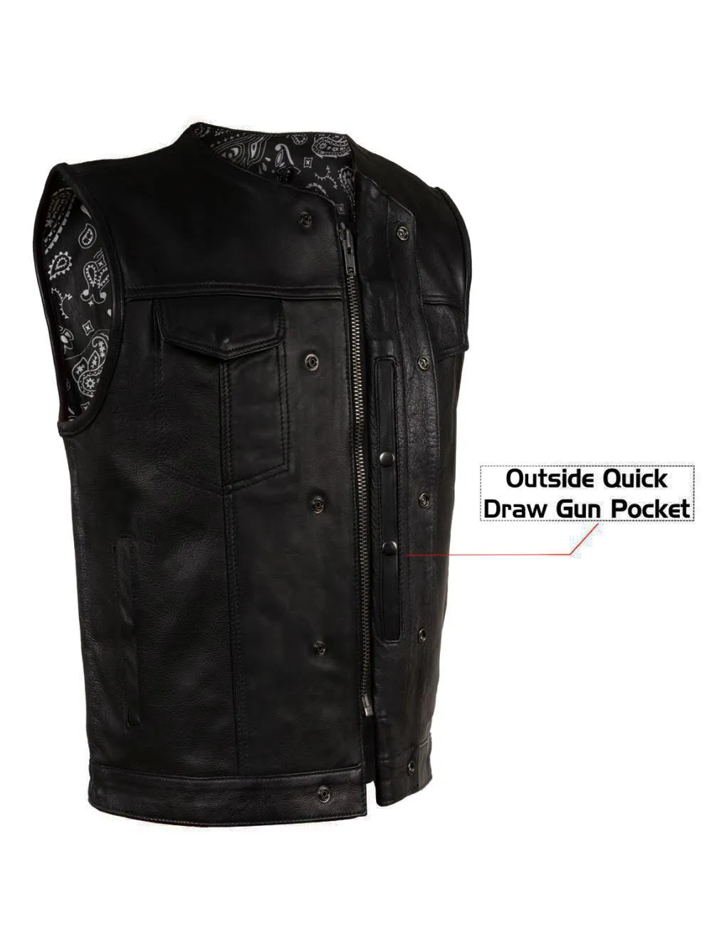 Mens No Collar Club Vest Black Paisley Liner, Front Zipper, Concealed Carry Pockets