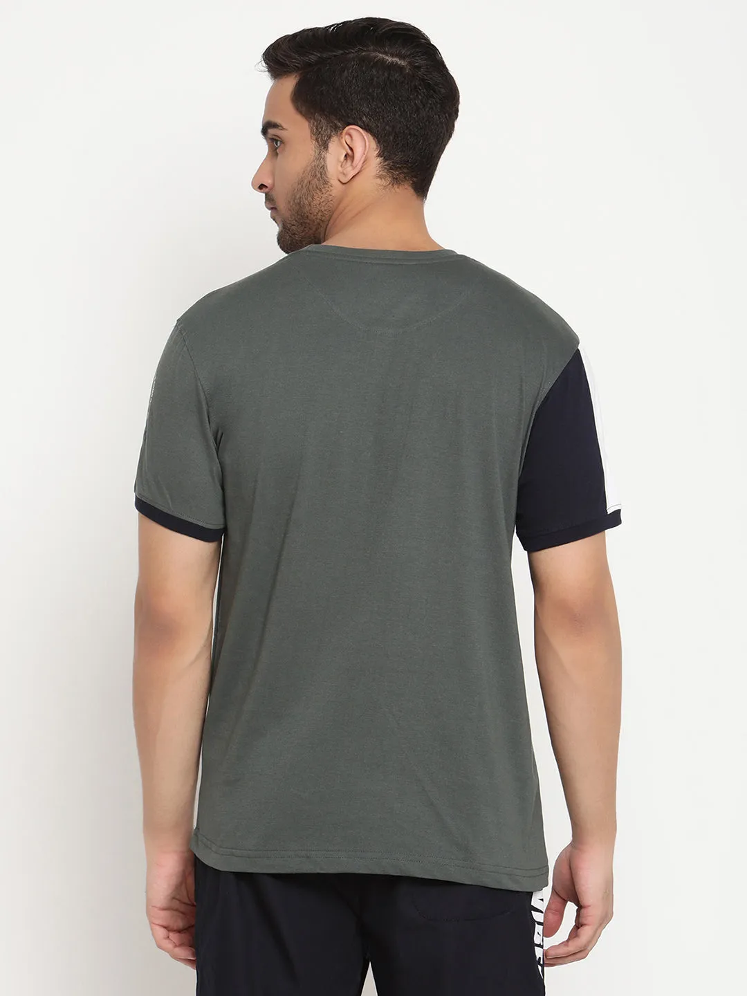 Men's Olive Green Round neck Half Sleeve T-Shirt with Print & vertical color block on sleeve