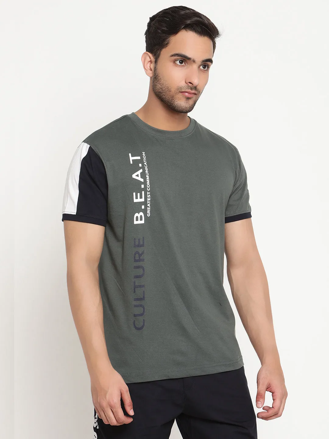 Men's Olive Green Round neck Half Sleeve T-Shirt with Print & vertical color block on sleeve