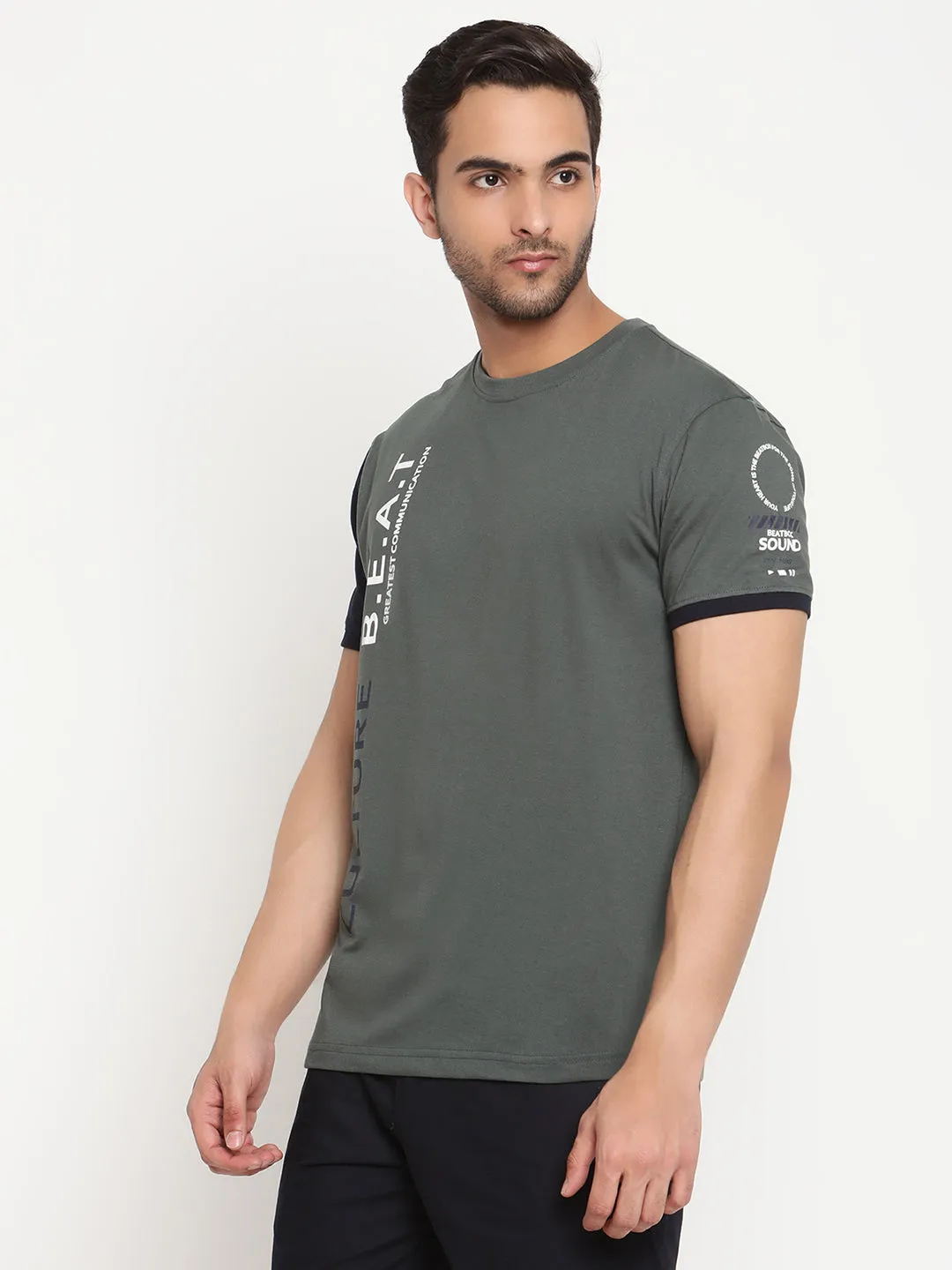 Men's Olive Green Round neck Half Sleeve T-Shirt with Print & vertical color block on sleeve