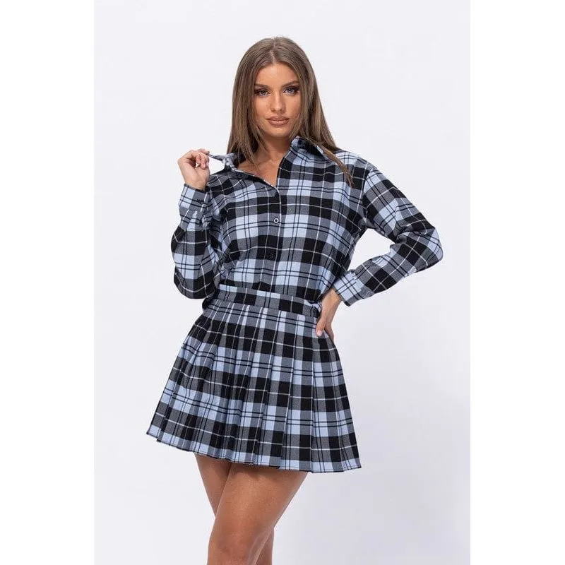 Plaid Loose Shirts and Pleated Skirt Set