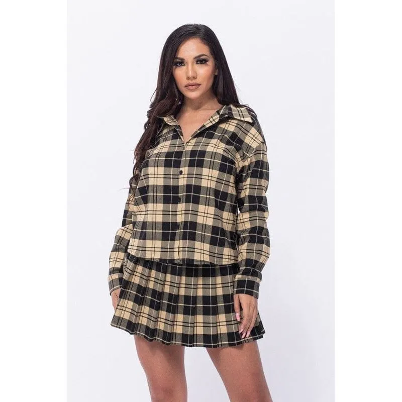 Plaid Loose Shirts and Pleated Skirt Set