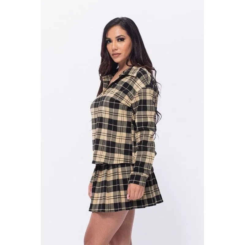 Plaid Loose Shirts and Pleated Skirt Set